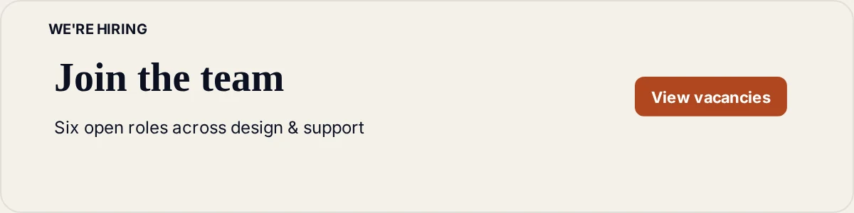 Email signature banner advertising six open design and support roles with a view vacancies button